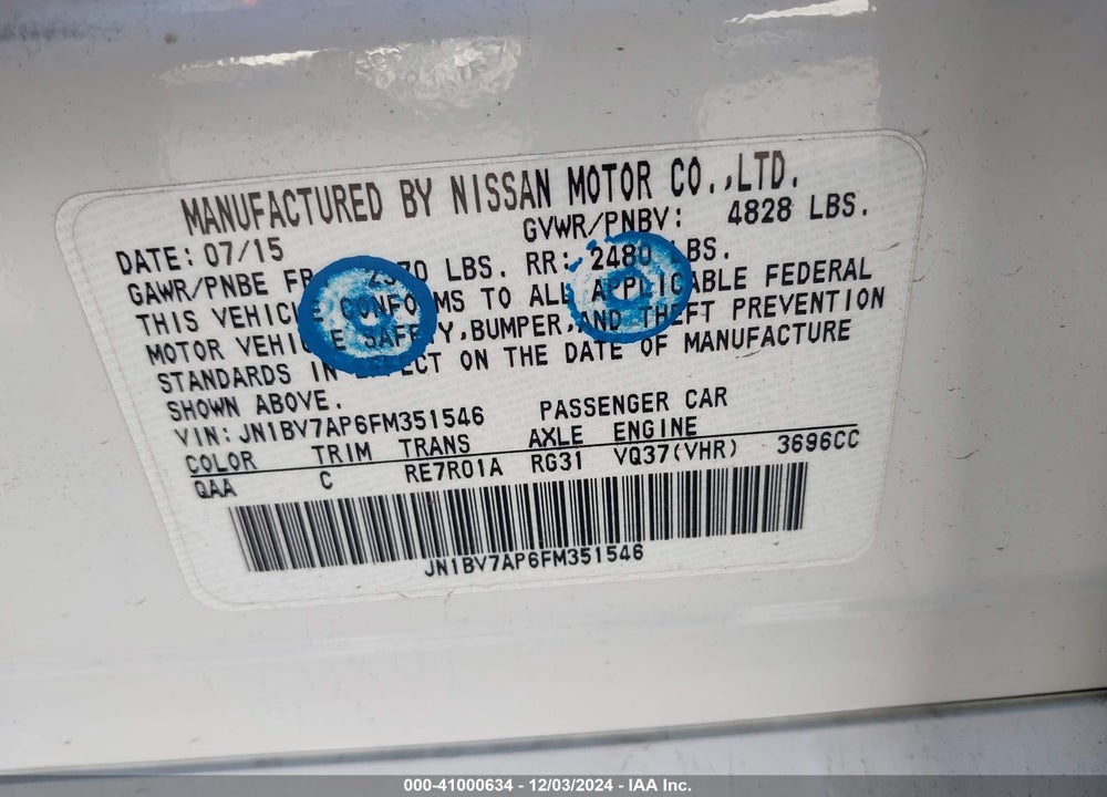 2015 INFINITI Q50 PREMIUM VIN: JN1BV7AP6FM351546