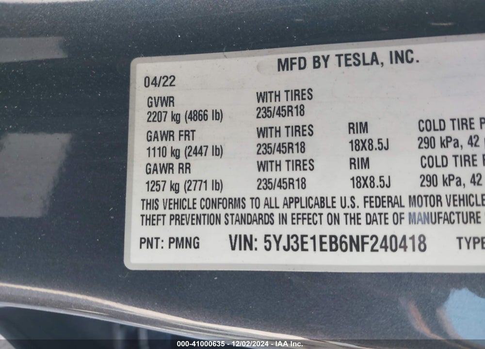 2022 TESLA MODEL 3 LONG RANGE DUAL MOTOR ALL-WHEEL DRIVE VIN: 5YJ3E1EB6NF240418