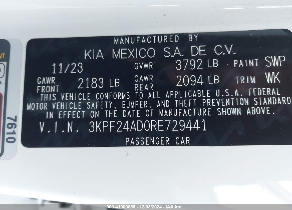 2024 KIA FORTE LXS VIN: 3KPF24AD0RE729441
