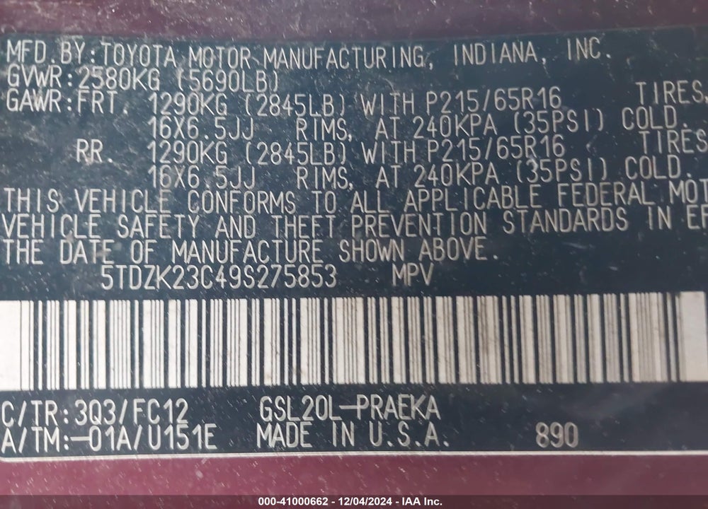 2009 TOYOTA SIENNA LE VIN: 5TDZK23C49S275853
