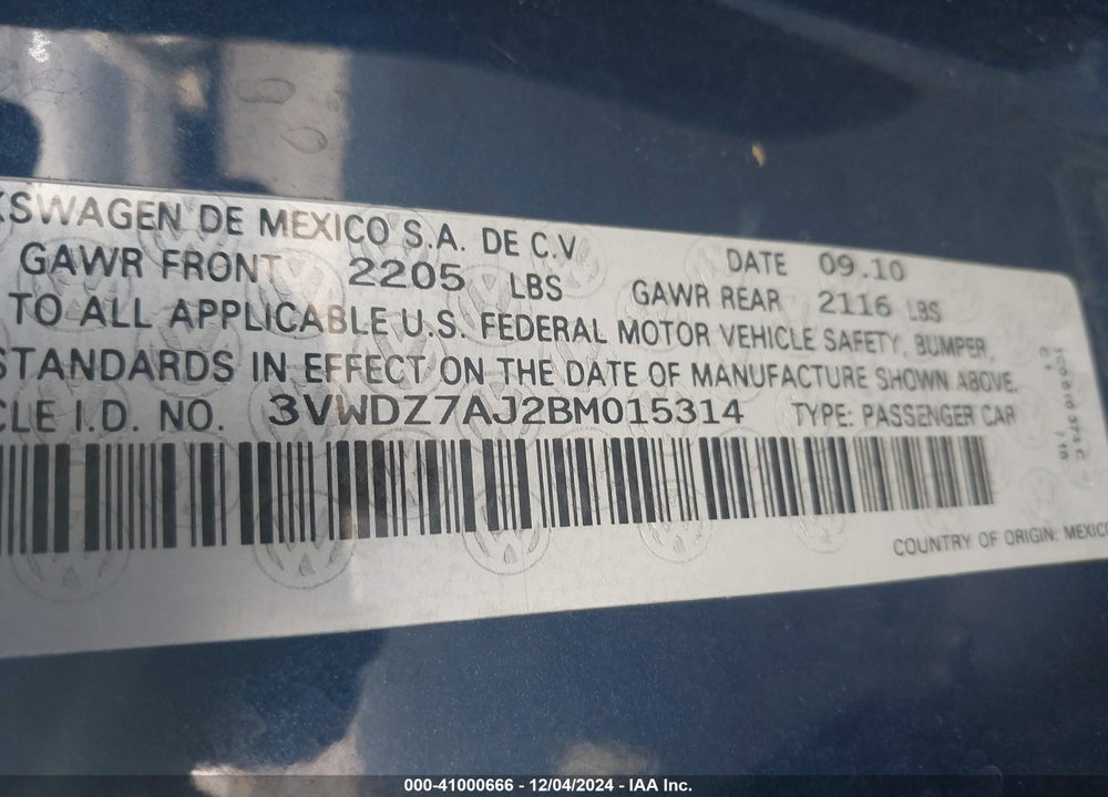 2011 VOLKSWAGEN JETTA 2.5L SE VIN: 3VWDZ7AJ2BM015314