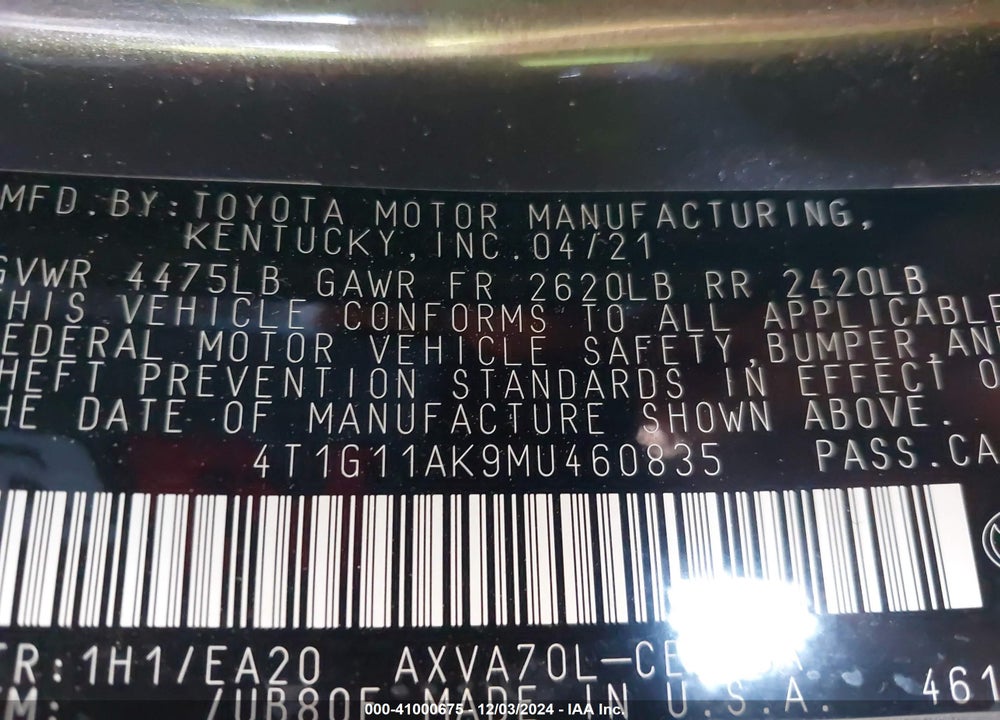 2021 TOYOTA CAMRY SE VIN: 4T1G11AK9MU460835