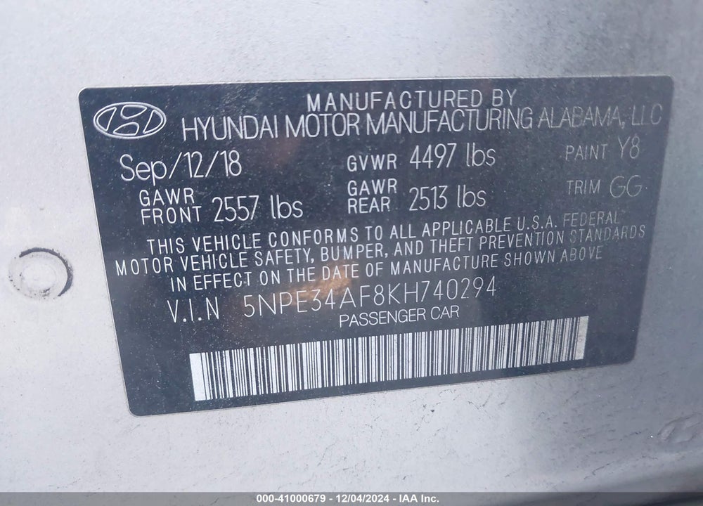 2019 HYUNDAI SONATA VIN: 5NPE34AF8KH740294
