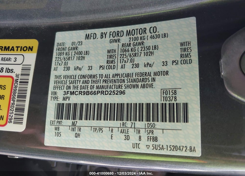2023 FORD BRONCO SPORT BIG BEND VIN: 3FMCR9B66PRD25296