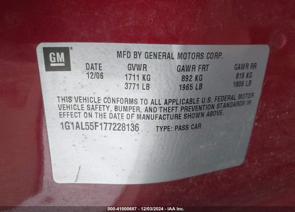 2007 CHEVROLET COBALT VIN: 1G1AL55F177228136