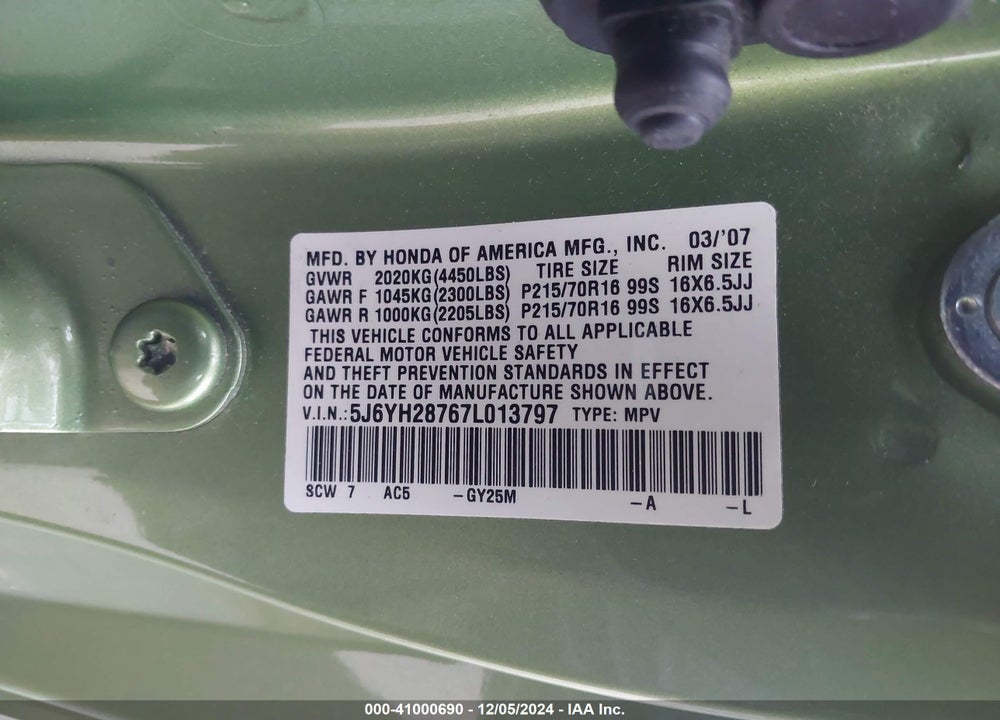 2007 HONDA ELEMENT EX VIN: 5J6YH28767L013797