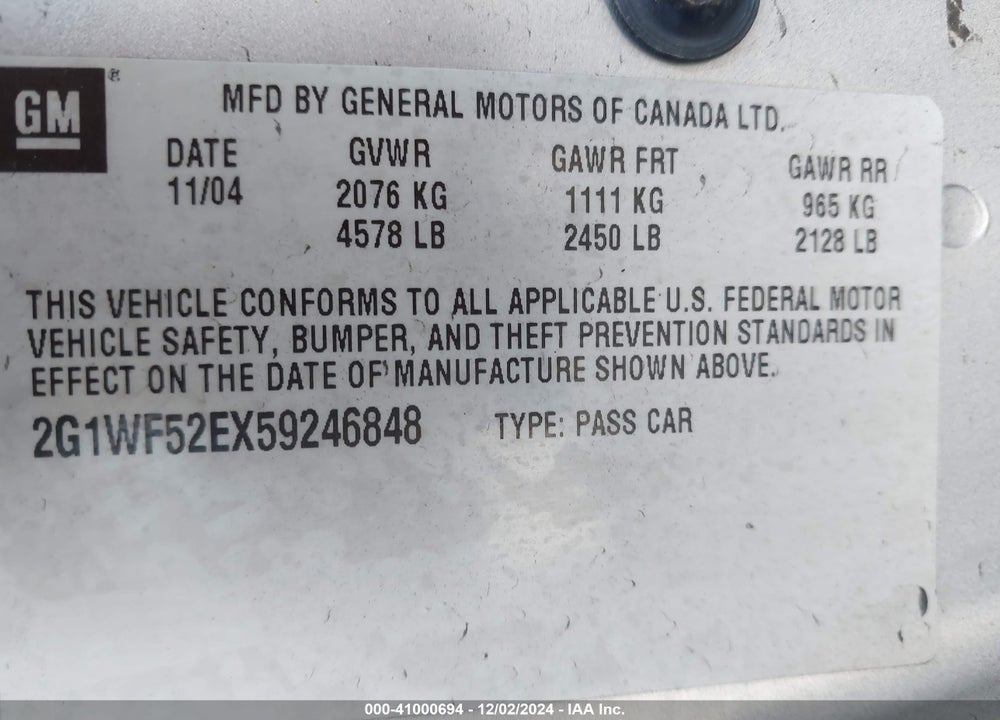 2005 CHEVROLET IMPALA VIN: 2G1WF52EX59246848