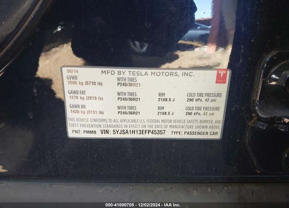2014 TESLA MODEL S VIN: 5YJSA1H13EFP45357