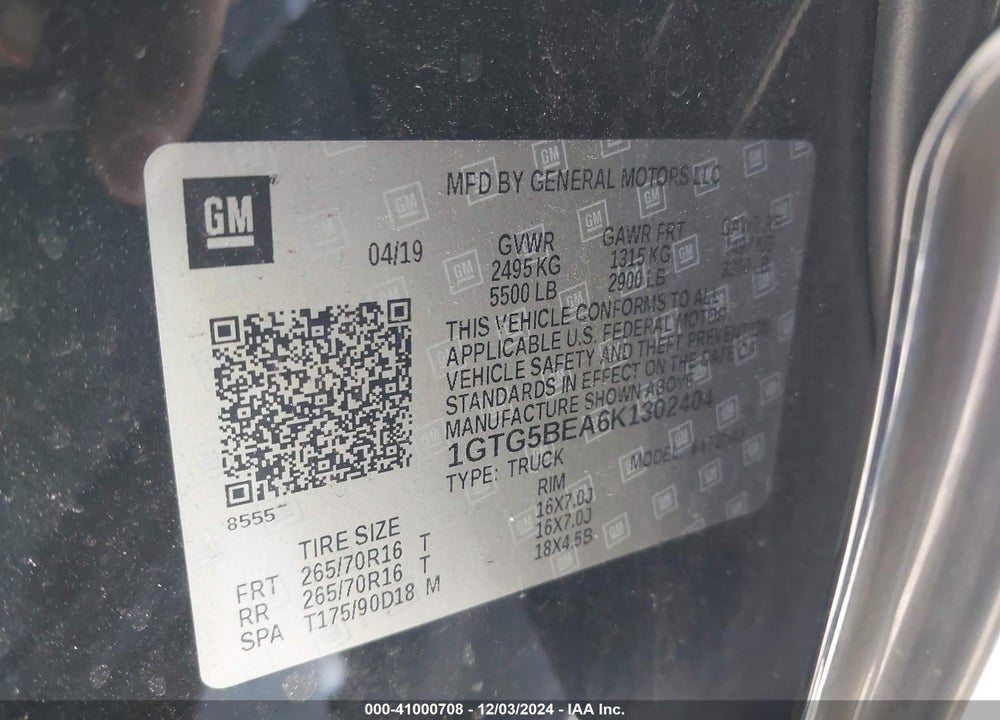 2019 GMC CANYON VIN: 1GTG5BEA6K1302404