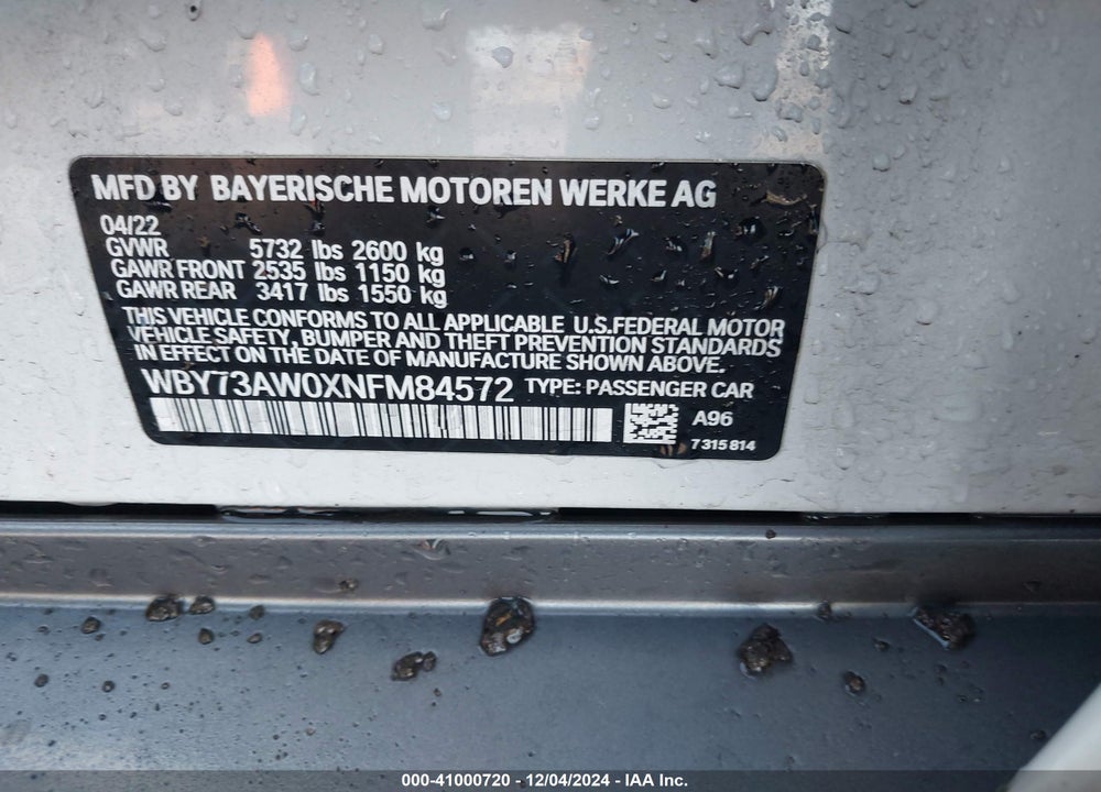 2022 BMW I4 EDRIVE40 VIN: WBY73AW0XNFM84572