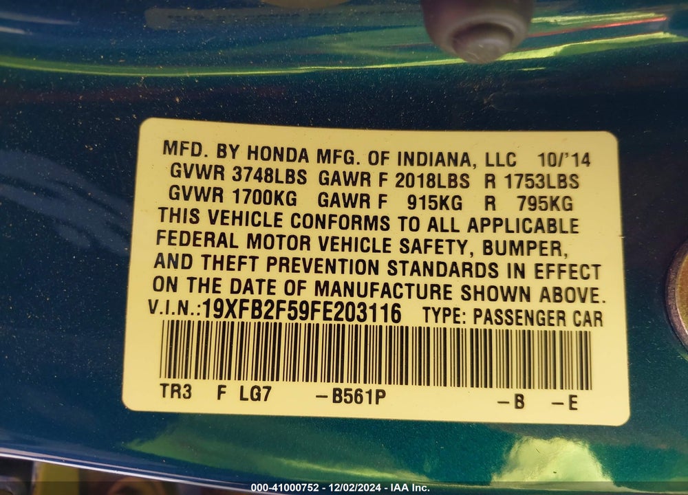 2015 HONDA CIVIC LX VIN: 19XFB2F59FE203116