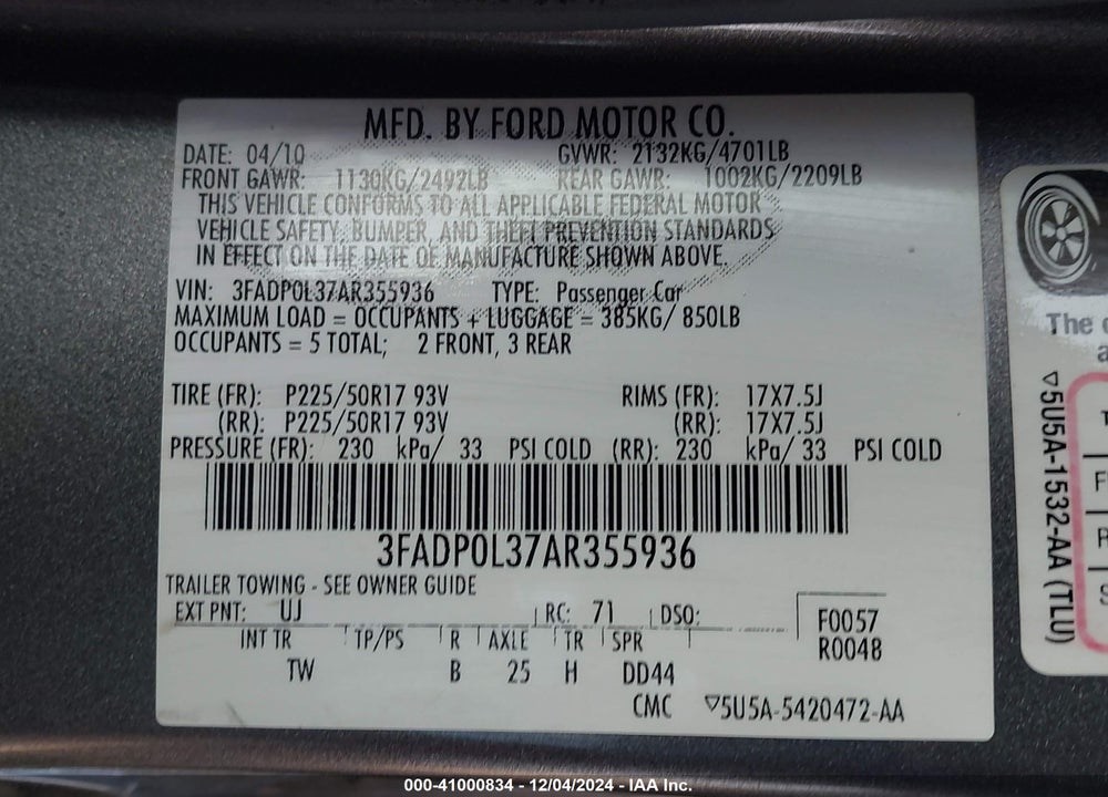 2010 FORD FUSION HYBRID VIN: 3FADP0L37AR355936