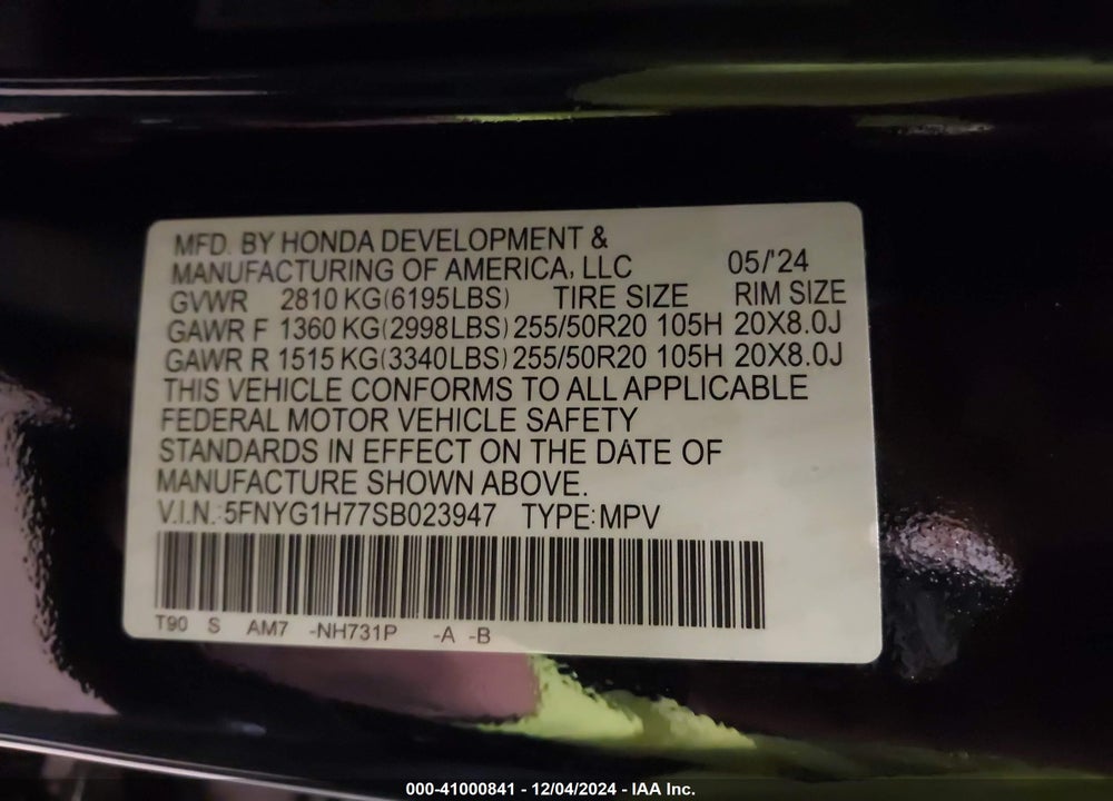 2025 HONDA PILOT TOURING VIN: 5FNYG1H77SB023947