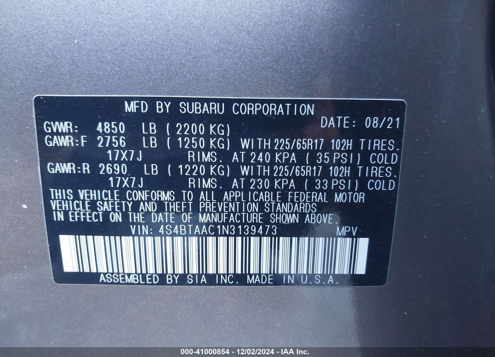 2022 SUBARU OUTBACK VIN: 4S4BTAAC1N3139473