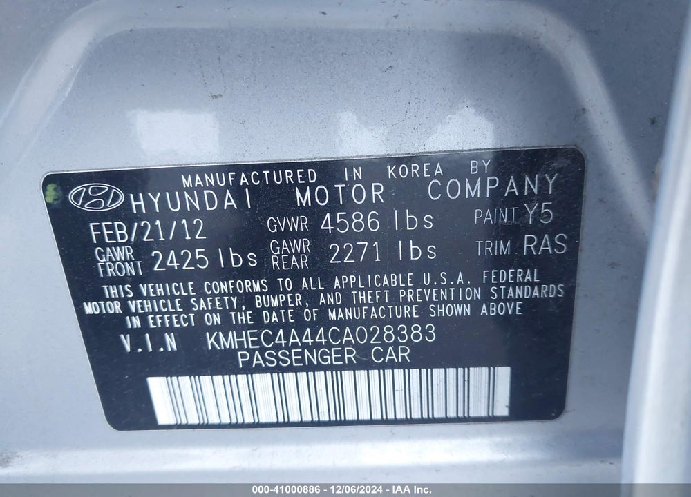 2012 HYUNDAI SONATA HYBRID VIN: KMHEC4A44CA028383
