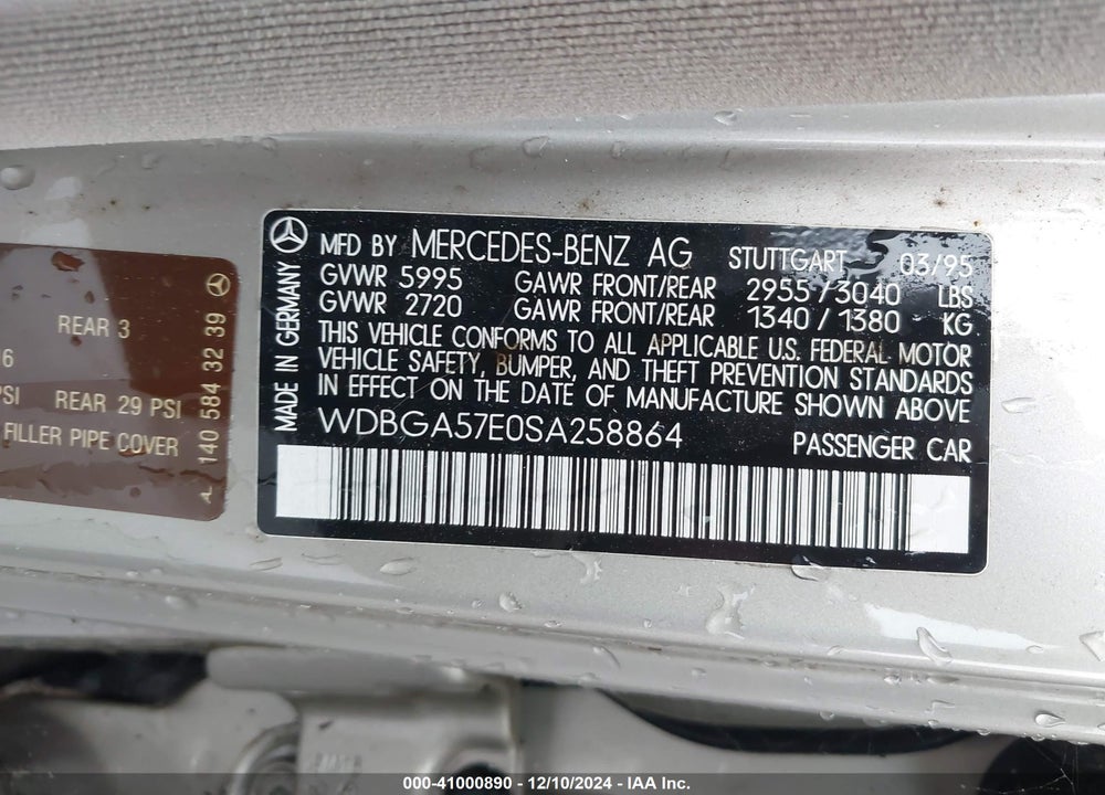 1995 MERCEDES-BENZ S 600 VIN: WDBGA57E0SA258864