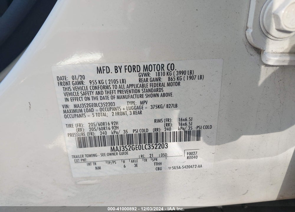 2020 FORD ECOSPORT SE VIN: MAJ3S2GE0LC352203