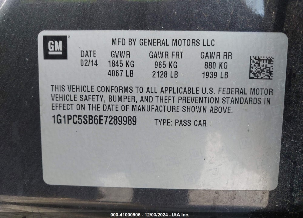 2014 CHEVROLET CRUZE VIN: 1G1PC5SB6E7289989