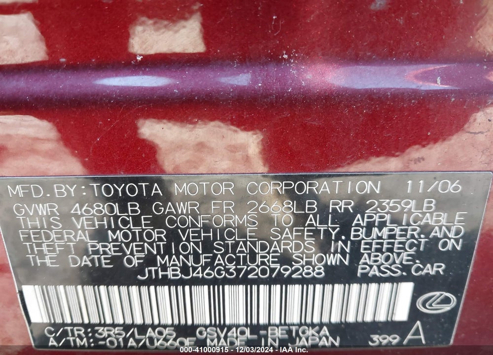 2007 LEXUS ES 350 VIN: JTHBJ46G372079288