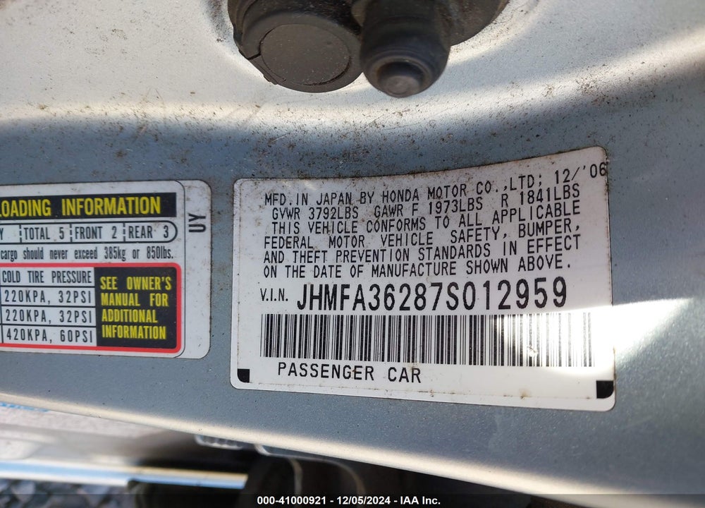 2007 HONDA CIVIC HYBRID VIN: JHMFA36287S012959