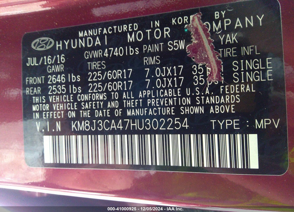 2017 HYUNDAI TUCSON SE VIN: KM8J3CA47HU302254