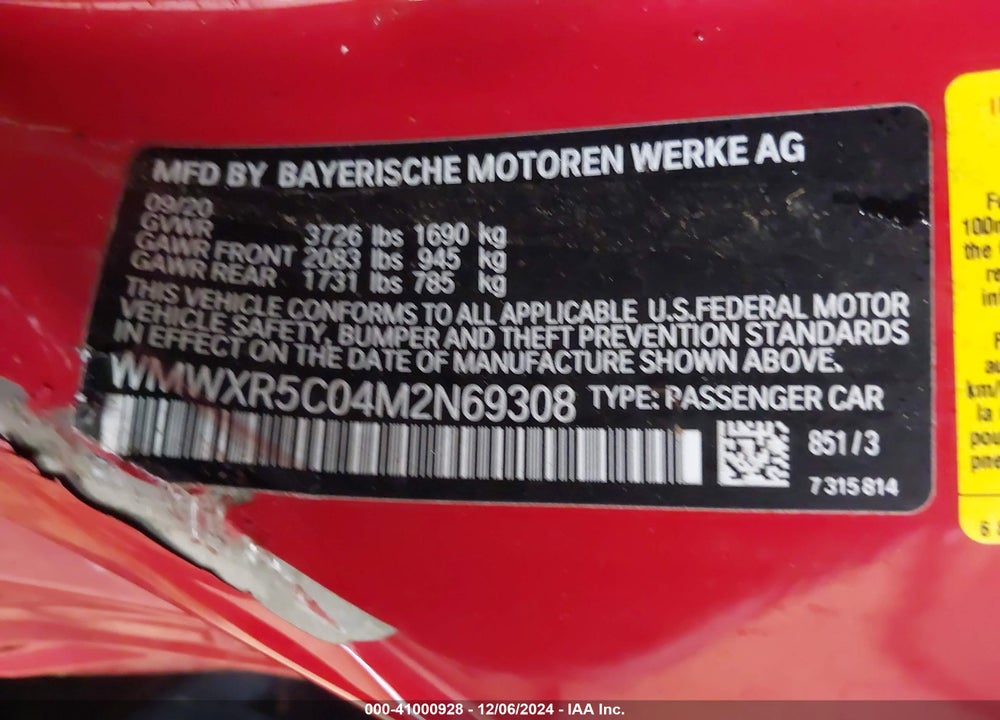 2021 MINI HARDTOP COOPER S VIN: WMWXR5C04M2N69308