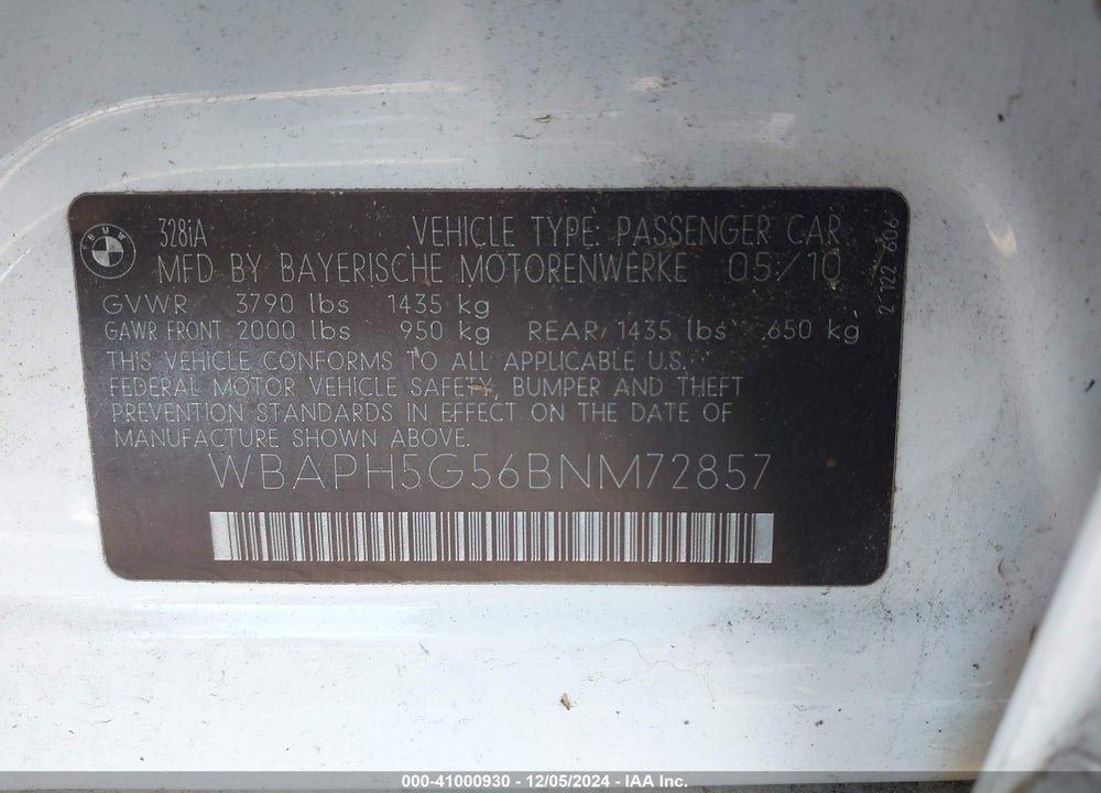 2011 BMW 328 I SULEV VIN: WBAPH5G56BNM72857
