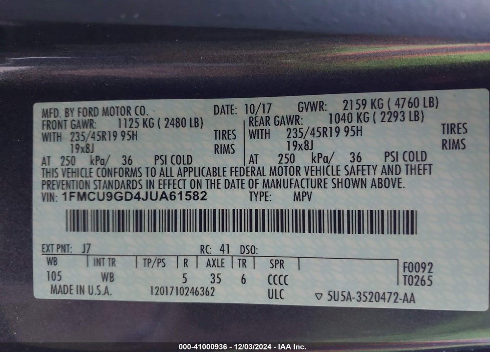 2018 FORD ESCAPE SE VIN: 1FMCU9GD4JUA61582