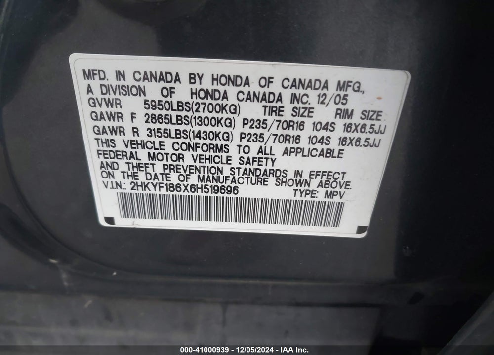 2006 HONDA PILOT EX-L VIN: 2HKYF186X6H519696