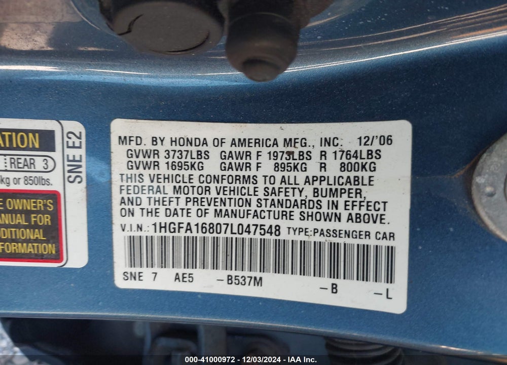 2007 HONDA CIVIC EX VIN: 1HGFA16807L047548