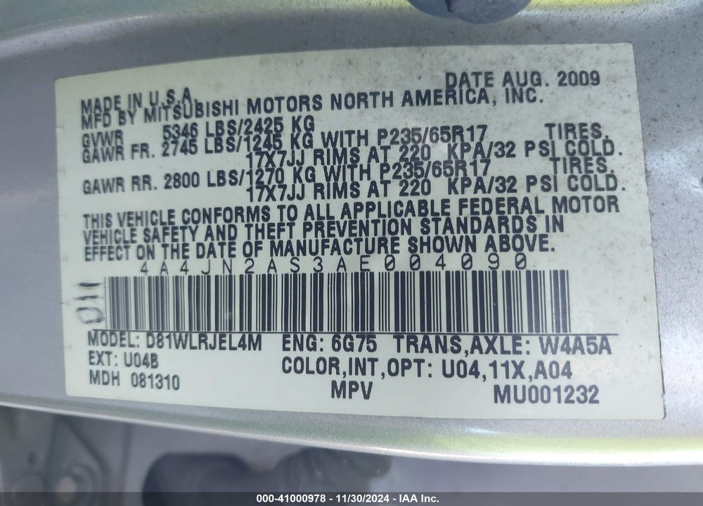 2010 MITSUBISHI ENDEAVOR VIN: 4A4JN2AS3AE004090