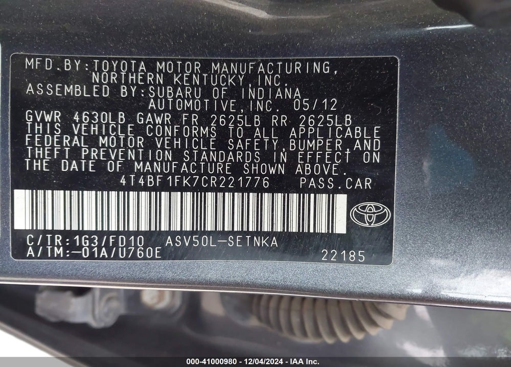 2012 TOYOTA CAMRY LE VIN: 4T4BF1FK7CR221776