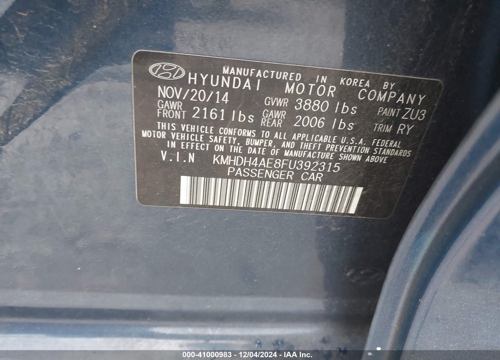 2015 HYUNDAI ELANTRA SE VIN: KMHDH4AE8FU392315