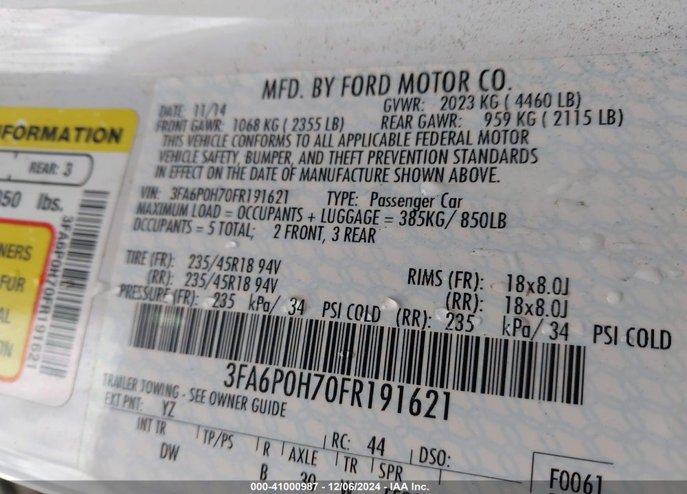 2015 FORD FUSION VIN: 3FA6P0H70FR191621