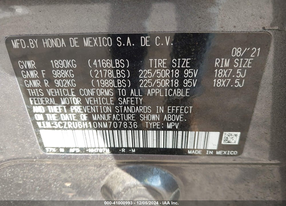 2022 HONDA HR-V AWD SPORT VIN: 3CZRU6H10NM707836