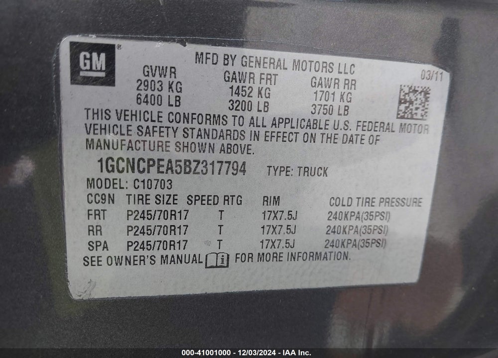 2011 CHEVROLET SILVERADO 1500 WORK TRUCK VIN: 1GCNCPEA5BZ317794