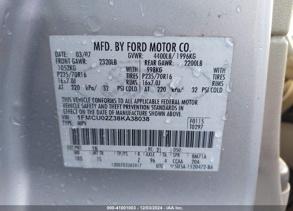 2008 FORD ESCAPE XLS/XLS MANUAL VIN: 1FMCU02Z38KA38038