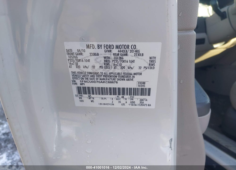 2010 FORD ESCAPE XLT VIN: 1FMCU0D70AKC88676