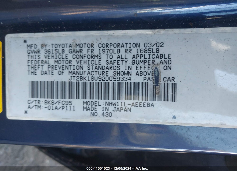 2002 TOYOTA PRIUS VIN: JT2BK18U920059334