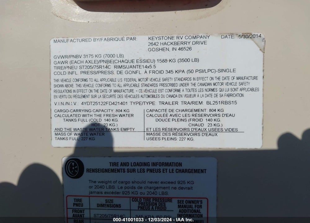 2015 KEYS BULLET VIN: 4YDT25122FD421401