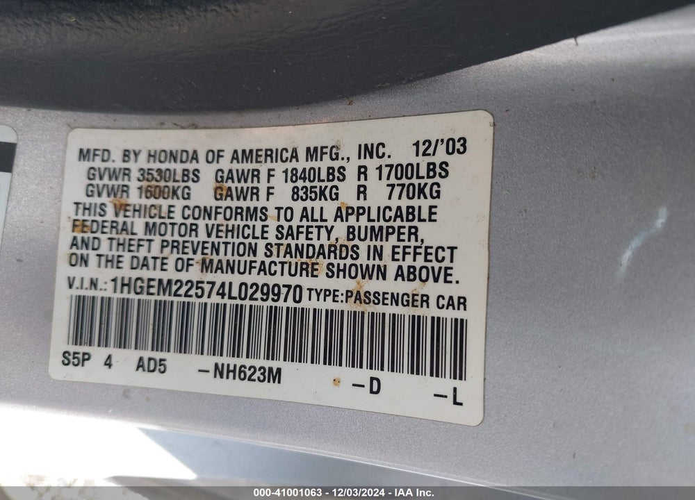 2004 HONDA CIVIC LX VIN: 1HGEM22574L029970