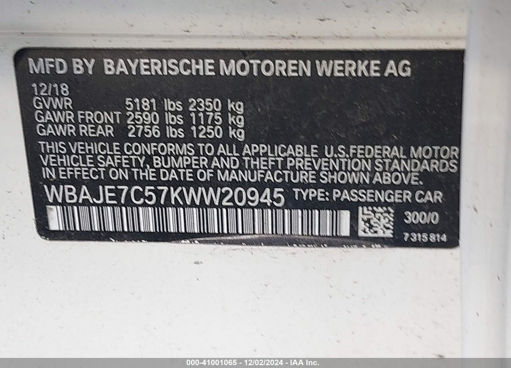 2019 BMW 540I XDRIVE VIN: WBAJE7C57KWW20945