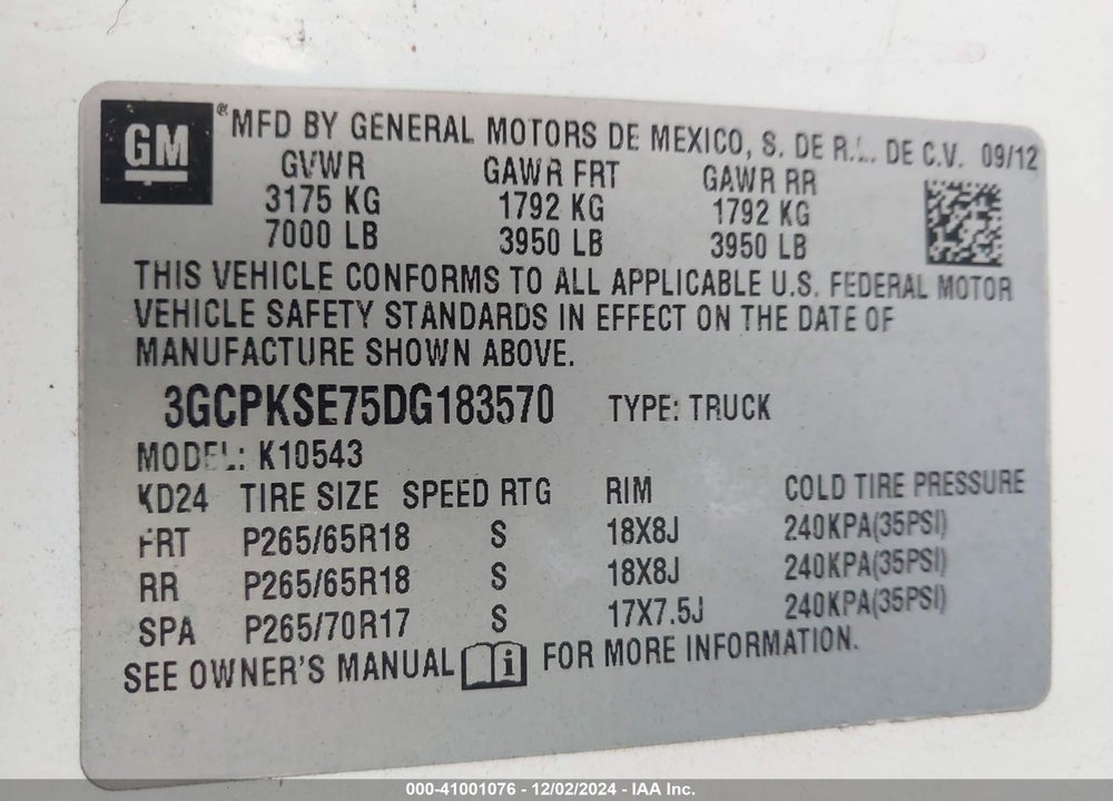 2013 CHEVROLET SILVERADO 1500 VIN: 3GCPKSE75DG183570
