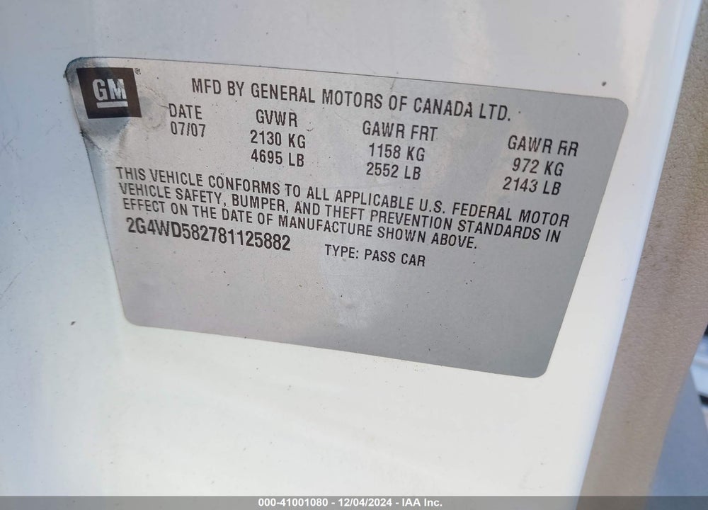 2008 BUICK LACROSSE CXL VIN: 2G4WD582781125882