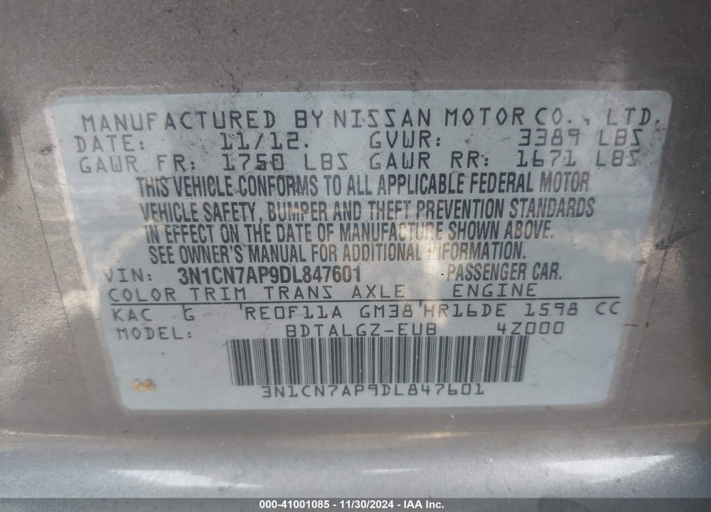 2013 NISSAN VERSA 1.6 SL VIN: 3N1CN7AP9DL847601