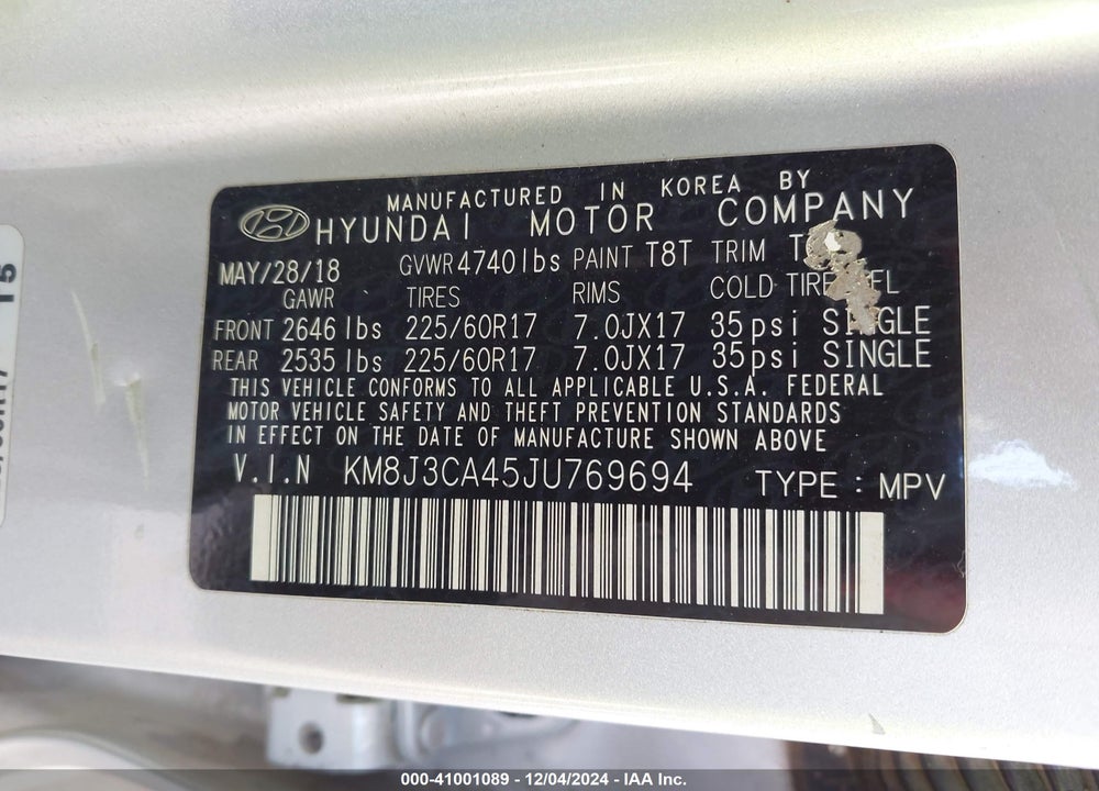 2018 HYUNDAI TUCSON SEL VIN: KM8J3CA45JU769694