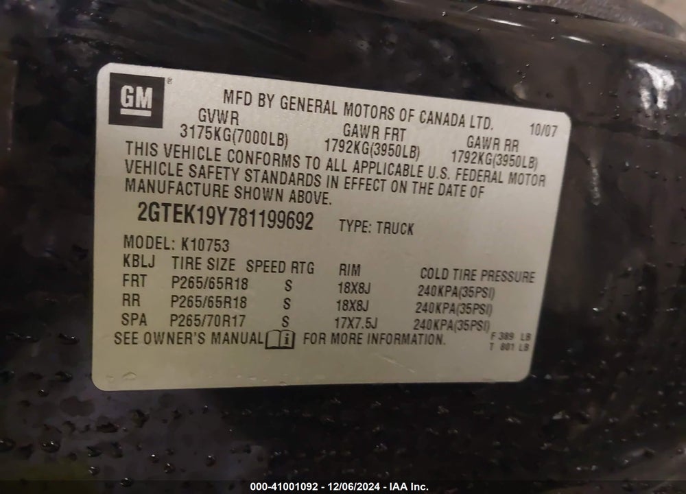 2008 GMC SIERRA 1500 SLT VIN: 2GTEK19Y781199692