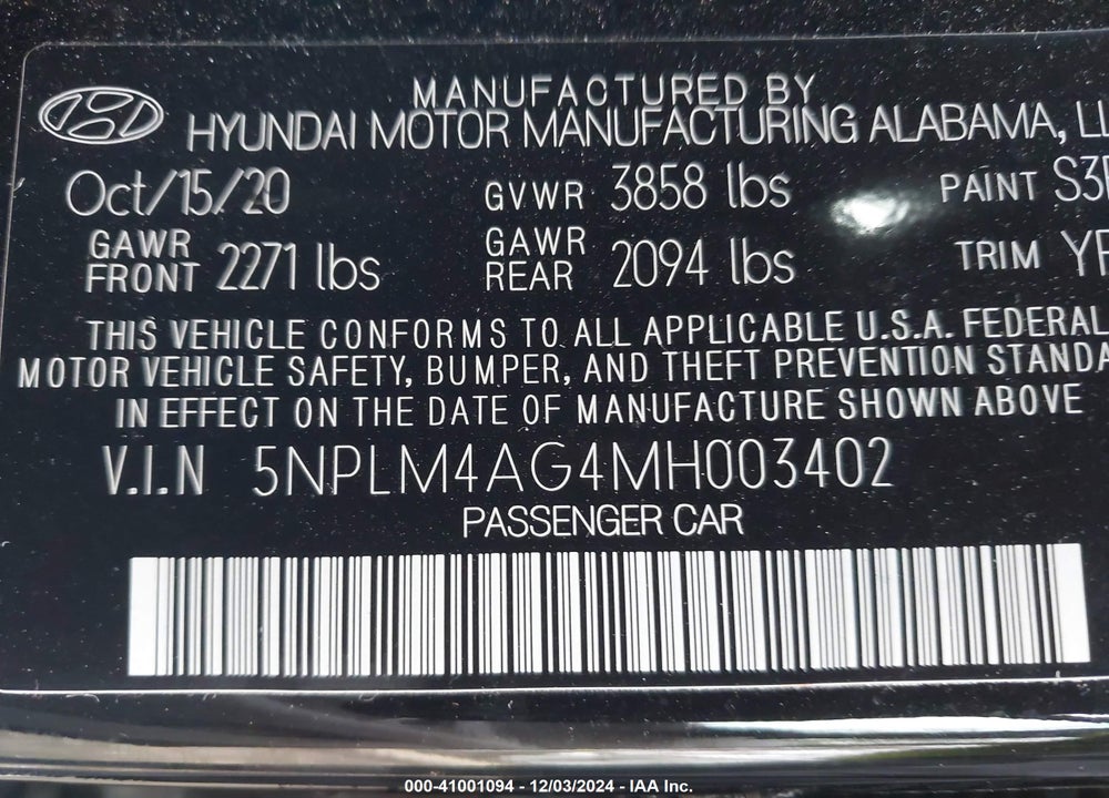 2021 HYUNDAI ELANTRA SEL VIN: 5NPLM4AG4MH003402