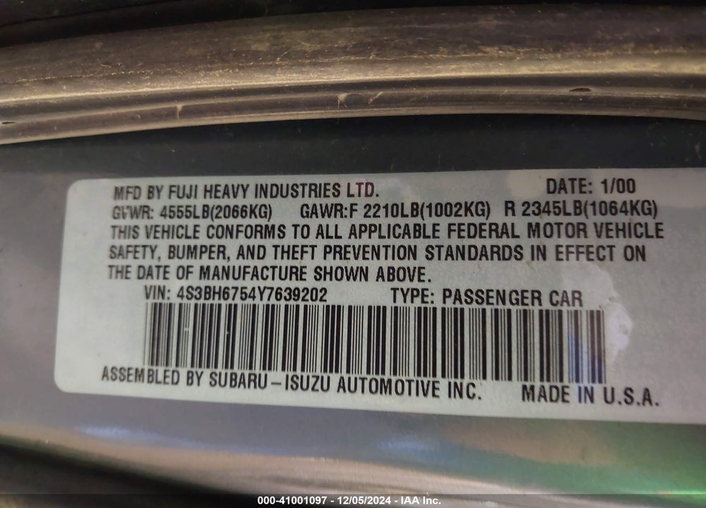 2000 SUBARU OUTBACK VIN: 4S3BH6754Y7639202