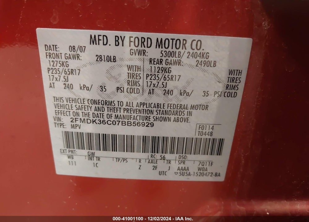 2007 FORD EDGE SE VIN: 2FMDK36C07BB56929